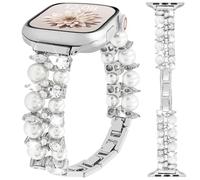 REALSIGN Elastic Pearl Beads Bracelet Women Compatible with Apple Watch Band 38 40 41mm,Jewelry Wristband Bling Diamond Charms Band for iWatch Series 10 9 8 7 6 5 4 3 2 SE Ultra (P-2 Silver, 38MM)