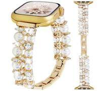 REALSIGN Elastic Pearl Beads Bracelet Women Compatible with Apple Watch Band 42 44 45 46 49mm,Jewelry Wristband Bling Diamond Charms Band for iWatch Series 10 9 8 7 6 5 4 3 2 SE Ultra (P-1 Gold, 44MM)