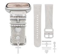 REALSIGN Floral Engraved Band and Decorative Ring Loops Compatible with Fitbit Versa 3/Versa 4/Sense/Sense 2 Bands Women,Stylish Silicone Band with Bling Cute Stud Charms Pendant Strap (Cross Silver