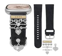 REALSIGN Floral Engraved Band and Decorative Ring Loops Compatible with Fitbit Versa 3/Versa 4/Sense/Sense 2 Bands Women,Stylish Silicone Band with Bling Cute Stud Charms Pendant Strap (Love Silver