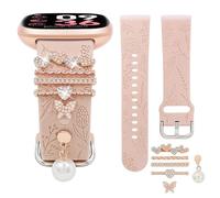 REALSIGN Floral Engraved Band and Decorative Ring Loops Compatible with Fitbit Versa 3/Versa 4/Sense/Sense 2 Bands Women,Stylish Silicone Band with Bling Cute Stud Charms Pendant Strap (Pearl Rose