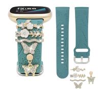 REALSIGN Floral Engraved Band and Decorative Ring Loops Compatible with Fitbit Versa 3/Versa 4/Sense/Sense 2 Bands Women,Stylish Silicone Band with Bling Cute Stud Charms Pendant Strap (Flower Gold