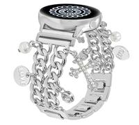 REALSIGN Metal Band Women Compatible with Samsung Galaxy Watch 7/FE/6/5/4 40/44mm,6/4 Classic,5 Pro,Watch 3,Stylish Cuban Chain Wristband with Cute Charms Pendants,20mm Lug (B5-Pearl-Silver)