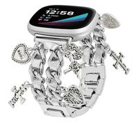 REALSIGN Metal Bands Compatible with Fitbit Versa 4/Versa 3/Sense 2/Sense Band Women,Stylish Cuban Chain Bracelet with Cute Unique Pendants Love Cross Charms Strap (Retro Silver)