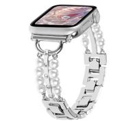 REALSIGN Pearl Beaded Bracelet Compatible with Apple Watch Bands 42mm 44mm 45mm 49mm,Bling Diamond Band Shiny Dressy Metal Strap for iWatch Series 9 8 7 6 5 4 3 2 SE Ultra Women(42MM,Silver)