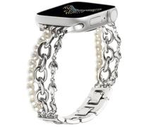 REALSIGN Pearl Beaded Bracelet Compatible with Apple Watch Bands 42mm 44mm 45mm 49mm,Bling Stylish Wristband Silver Love Shape Chain Jewelry Strap for iWatch Series 9 8 7 6 5 4 3 2 1 SE Ultra Women