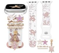 REALSIGN Sea Turtle Engraved Silicone Band Compatible with Apple Watch Band 38-49mm Women Men,Stylish Wristband with Cute Charms Pendants for iWatch Series 11 10 9 8 7 6 5 4 SE/Ultra 3 2 1 (Gold/Pink