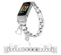 REALSIGN Stylish Metal Band Compatible with Fitbit Charge 6/Charge 5 Bands Women,Cuban Chain Wristband with Unique Charms Bling Love key Pendants Bracelet Cute Strap for Fitness Tracker (Key Silver)