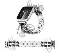 REALSIGN Stylish Metal Bands Compatible with Apple Watch Band 41/40/38mm Women,Cuban Chain Band with Cute Pendants Love Cross Charms Strap for iWatch Series 10 9 8 7 6 5 4 3 2 SE (A15-Silver Black