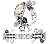 REALSIGN Stylish Metal Wristband Compatible with Apple Watch Band 42 44 45 46 49mm,Cuban Chain Bracelet with Cute Sparkly Diamond Pendants for iWatch Series 10 9 8 7 6 5 4 3 SE Charms Women(42/44/45MM