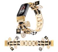 REALSIGN Stylish Metal Wristband Compatible with Fitbit Charge 6/Charge 5 Band for Women,Cute Strap with Unique Love Bag Pendants Chain Charms Bracelet for Fitness Tracker(Gold+Black Leather)