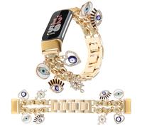REALSIGN Stylish Metal Wristband Compatible with Fitbit Charge 6/Charge 5 Band for Women,Cute Strap with Sparkly Evil Eye Pendants Chain Charms Bracelet for Fitness Tracker (Eyes Glitter Gold)