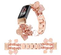 REALSIGN Stylish Metal Wristband Compatible with Fitbit Charge 6/Charge 5 Band Women,Cuban Chain Bracelet with Unique Flower Love Tree of Life Pendants Cute Charms Strap(Flower Rose Gold)