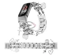 REALSIGN Stylish Metal Wristband Compatible with Fitbit Charge 6/Fitbit Charge 5 Band for Women,Cute Strap with Cross Love Pendants Chain Charms Bracelet for Fitness Tracker (Silver+Silver Leather)