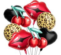 Realspring 8 Pcs Black and Red Foil Balloons Kit, Cherry Print, Red Lips, Cheetah Pattern and Black Heart Balloons for Bachelorette Party Decor, Kiss The Miss Goodbye, Women's Birthday Baby Shower
