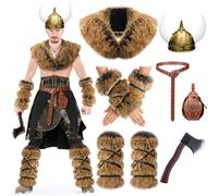 Realspring 8 Pcs Halloween Viking Costume Medieval Viking Costume Faux Fur Mantle Shoulder Helmet Adult Norse Warrior Outfit, Brown, One size