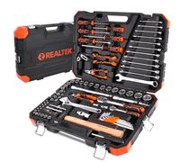 REALTEK 100 Pcs Tool Kit, CR-V Mechanic Tool Set for DIY, Car Repair, Home Maintenance, Protable Complete Basic Hand Tool Includes Socket Wrench Set, Plier, Spanner, Screwdriver, Hammer with Tool Case