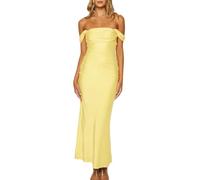 Realtix Elegant Satin Off The Shoulder Ruched Backless Maxi Dress for Women Strapless Tube Sleeveless Bridesmaid Dresses, Yellow, M