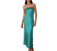 Realtix Satin Silk Backless Tube Tops Maxi Dress for Women Low Back Hollow Out Elegant Strapless Long Dresses Wedding Guest, Aqua, M