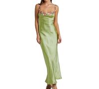 Realtix Sexy Satin Spaghetti Strap Floral Embroidered Maxi Dress for Women Sweetheart Neckline Backless Sleeveless Slit Midi Dress, Fruitgreen, M