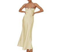 Realtix Sexy Satin Spaghetti Strap Floral Embroidered Maxi Dress for Women Sweetheart Neckline Backless Sleeveless Slit Midi Dress, Gooseyellow, XS