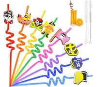 Realure 16Pcs Reusable Drinking Straws with Cleaning Brush Curly Hard Plastic Pirate Theme Straws Colorful Novelty Cartoon Party Fun Straws for Kids Birthday Party Decorations Family Gatherings Party