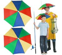 Realure 2 Pack Rainbow Head Brolly Hats, 60cm Hands Free Fishing Umbrella Caps with Elastic Band, Waterproof UV Protection Mini Sun Rain Headwear for Adults Kids Festival Gardening