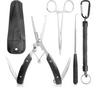 Realure 3 Pcs Portable Fishing Pliers Set with Lanyard, Include Curved Fishing Forceps, Disgorger Fishing, Multi Pliers Tool for Hook Remover, Split Ring, Fishing Gift for Men, Stainless Steel, Black