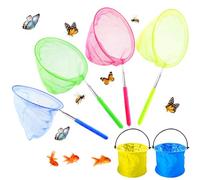 Realure 4 Pcs/4 Colours Extendable Fishing & Butterfly Nets with 2 Foldable Water Buckets Set 38cm to 86cm Insect & Fish Catcher Colorful Telescopic Butterfly Net for Children Kids Beach Ponds Pool