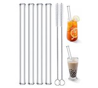 Realure 4 Pcs Reusable Glass Clear Boba Straws and Brush, 14mm x 215mm Long Extra Wide Drinking Smoothie & Bubble Tea Straws, Vegetable Salad & Milkshake Straws