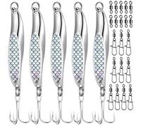 Realure 5 Pcs Metal Sea Fishing Spinners Lures with Trebles Hooks Set Including 20 Pcs/2Types Rolling Swivels and Clips 7cm & 21g Metal Jigs Sequins Fishing Spoon Lures Hard Baits for Sea Bass