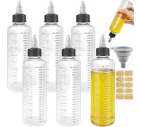 Realure 6 Pcs Squeezy Bottles with Nozzles & Scale & Labels & Screw Cap Funnel 250ml/8oz Squeeze Bottles Multipurpose Sauce Dosing Clear Condiment Bottles for Liquid Spices Sauce Oil Soy Vinegar