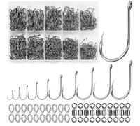 Realure 630 Pcs/10 Sizes Barbed Fishing Hooks with Fishing Split Rings & Rolling Fishing Swivels Set Carbon Steel Eyed Sea Circle Fish Hooks 12# 11# 10# 9# 8# 7# 6# 5# 4# 3# for Carp Tackle