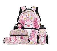 Reanaysto 17 Inch Kids Backpack and Lunch Box Set, Water-Resistant Polyester Daisy Axolotl Print Backpack Set for Elementary Girls, Back to School Supplies, 4 Pcs