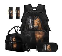 Reanaysto 5-Piece Backpack Set for Girls, Backpack & Lunch Bag & Pencil Case & 2 Pcs Bookmarks, Practical Horse Print School Bag Bundle for Elementary Daily Use