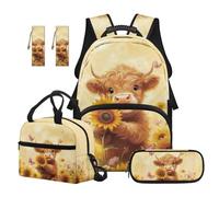 Reanaysto 5-Piece Girls Backpack Set with Lunch Bag & Pencil Case & 2 Bookmarks, Practical Elementary School Supply Set for Girls Daily Use, Cute Highland Cow Print Bookbag Bundle