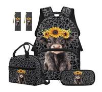 Reanaysto 5-Piece Kids Backpack Set, School Bag with Lunch Bag, Pencil Case & 2 Pcs Bookmarks, Ready-to-Use School Supply Bundle for Girls and Boys Daily School Use Sunflower Highland Cow