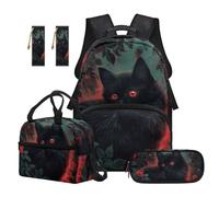 Reanaysto Black Cat 5-Piece Girls Backpack Set, School Bag with Lunch Bag, Pencil Case & 2 Bookmarks, Practical Gift for Elementary and Middle School Girls for Daily School, Travel Use
