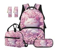 Reanaysto Cherry Blossom Cat 5-Piece Kids Backpack Set, Bookbag & Insulated Lunch Bag & Pencil Case & 2 Bookmarks, Lightweight School Bag for Elementary Students Weekend Day Trips