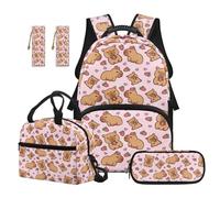 Reanaysto Girls Backpack Set 5-Piece School Bag with Lunch Bag & Pencil Case & 2 Pcs Bookmarks, Cute Capybara Print Practical Gifting Option for Elementary School Students