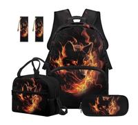 Reanaysto Kids Backpack Set 5-Piece, Flame Wolf Print Backpack, Lunch Bag, Pencil Case & 2 Bookmarks, Practical Gift for Elementary School Girls, Lightweight School Bag Set