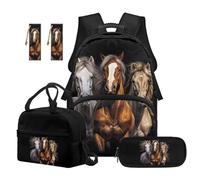 Reanaysto Kids Backpack Set, 5-Piece Set Includes Backpack, Lunch Bag, Pencil Case & 2 Bookmarks, Gender-Neutral Horse Print School Bag for Elementary Students Everyday Use