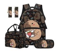 Reanaysto Kids Backpack Set 5-Piece with Lunch Bag, Pencil Case & 2 Pcs Bookmarks, Cute Capybara Print Practical Back-to-School Gift for Elementary School Girls and Boys