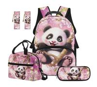 Reanaysto Kids Backpack with Lunch Box 5-Piece Set, Includes Lunch Bag, Pencil Case & 2 Bookmarks, Cherry Blossom Panda Large-Capacity School Supply Set for All Elementary-Aged Girls