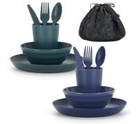 ReaNea Camping Mess Kit for 2 with Bowl, Plate, Cup, Spoon, Fork, Knife and Carry Bag, Plastic Camping Accessories Essentials Gear for Couple Travel, Picnic, Outdoor, Easy to Carry