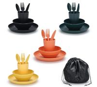 ReaNea Camping Mess Kit for 4 with Bowl, Plate, Cup, Spoon, Fork, Knife and Carry Bag, Plastic Camping Accessories Essentials Gear for Travel, Picnic, Outdoor, Easy to Carry & Store