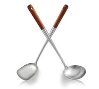 ReaNea Wok Spatula & Ladle Set 43cm 2Pcs, Stainless Steel Wok Tools with Wooden Handle, Heat-Resistant Chinese Turner & Deep Soup Ladle, Wok Accessories Utensils for Stir-Fry