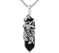 Reaper Skull Necklace 925 Sterling Silver Grim Reaper Pendant Owl and Santa Muerte Necklace with Black Healing Crystal Halloween Gothic Grim Reaper Jewellery Gift for Women Men 20 + 2 Inch Chain