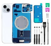 Rear Back Cover Glass Replacement for iPhone 15 Plus Back Glass + Camera Lens + Magnet + Iron Piece Holder with Repair Tool Kit (White)
