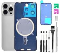 Rear Back Cover Glass Replacement for iPhone 15 Pro Max Back Glass + Camera Lens + Magnet + Iron Piece Holder with Repair Tool Kit (Titanium)